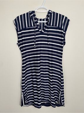 Athleta Dress Navy and White Striped V-Neck & Hooded Small